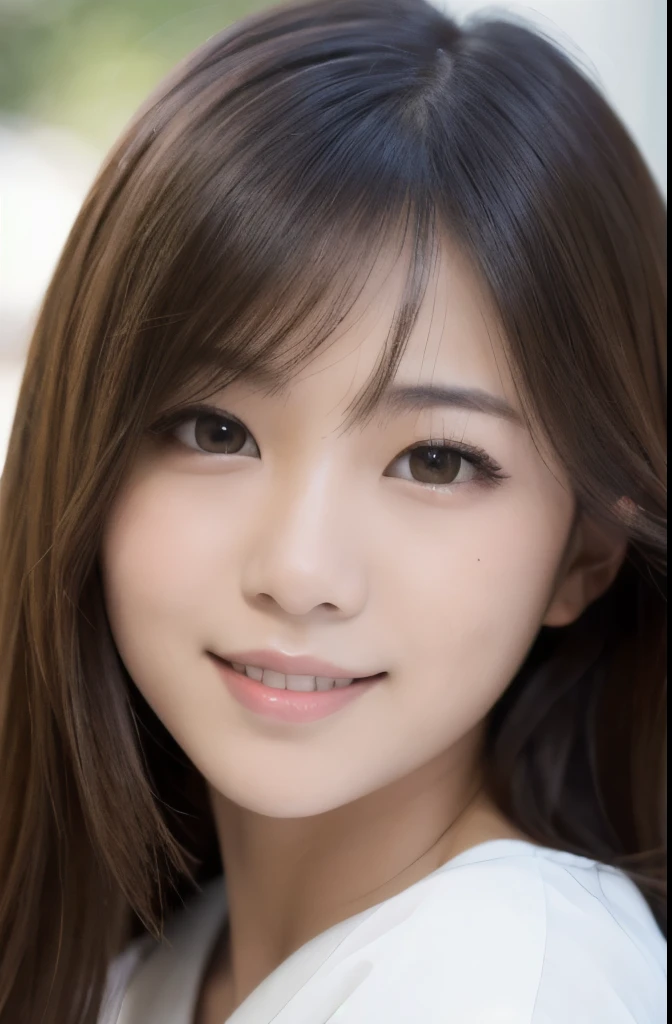 best quality, face focus, soft light, ultra high res, (photorealistic:1.4), RAW photo,(Shinozaki Ai), (fair skin), (kawaii),
1 Japanese girl, solo, cute, smile, (pupil, lights in the eyes),  detailed beautiful face, Medium-sized breasts,(high resolution detail of human skin texture),long hair,(portrait), upper body, white traditional kimono, A face drawn large on the screen