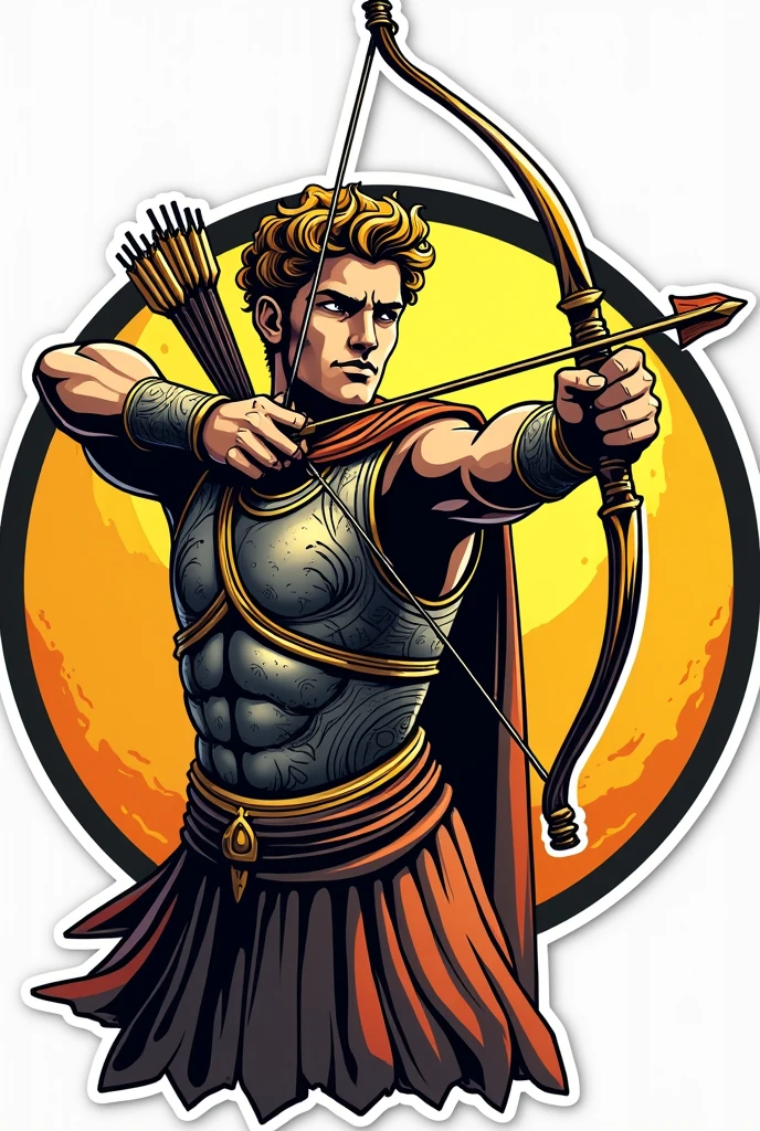 God Apollo wearing an armour and firing a bow and arrow. Make his face a little fierce and facing in front. Make it sticker-like with bold outline. It should be accurate as a logo. Don't put a background. He should be facing in front and make it brighter with touch of yellow. He should ba handsome also. Make it half body. Don't make cuts of other parts. It should be a full image. Make him look more god-like. Make it simple and comic style.
