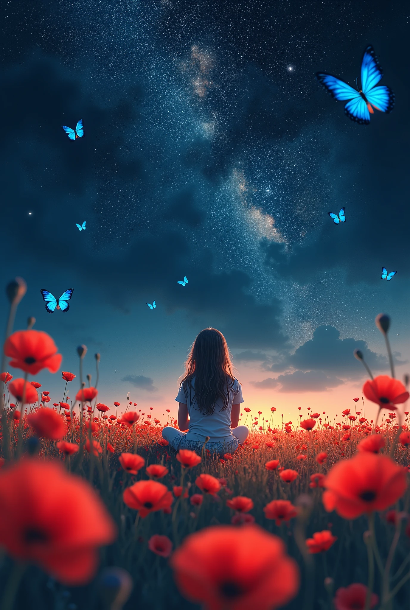 A girl sitting in a very large poppy field surrounded by blue butterflies and a very starry sky in which you can see the galaxies