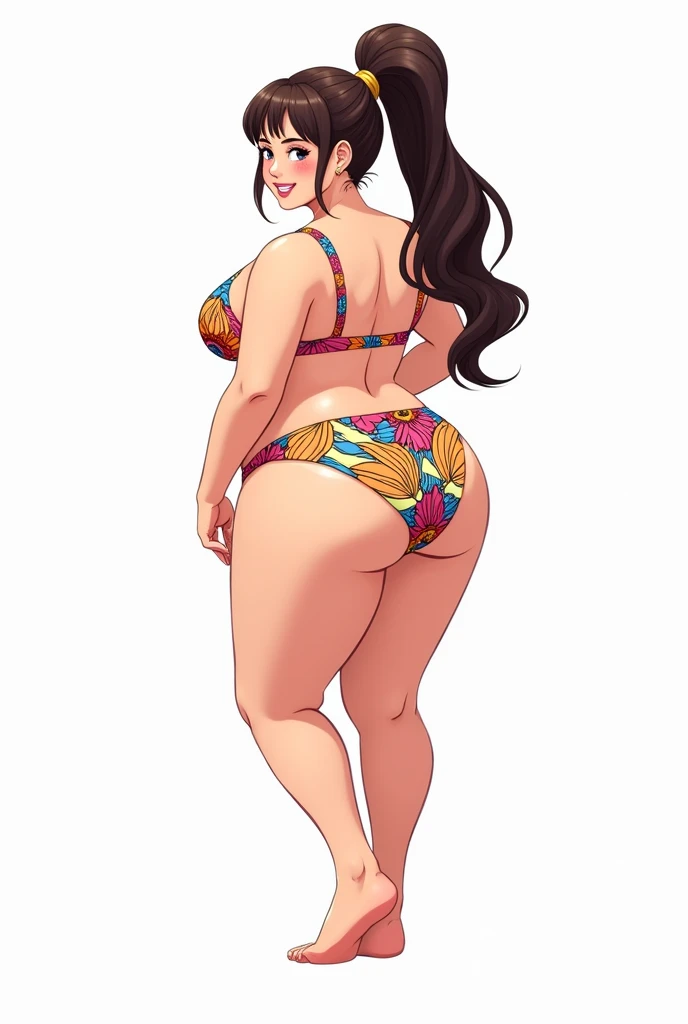 A stunning plus-size anime girl with a high ponytail, wearing a colorful bikini, stands with her back turned. She is drawn in a detailed, full-body pose, perfect for a coloring book. Her body is curvy and confident, with a bright smile on her face. The background is pristine white, drawing focus to the character.