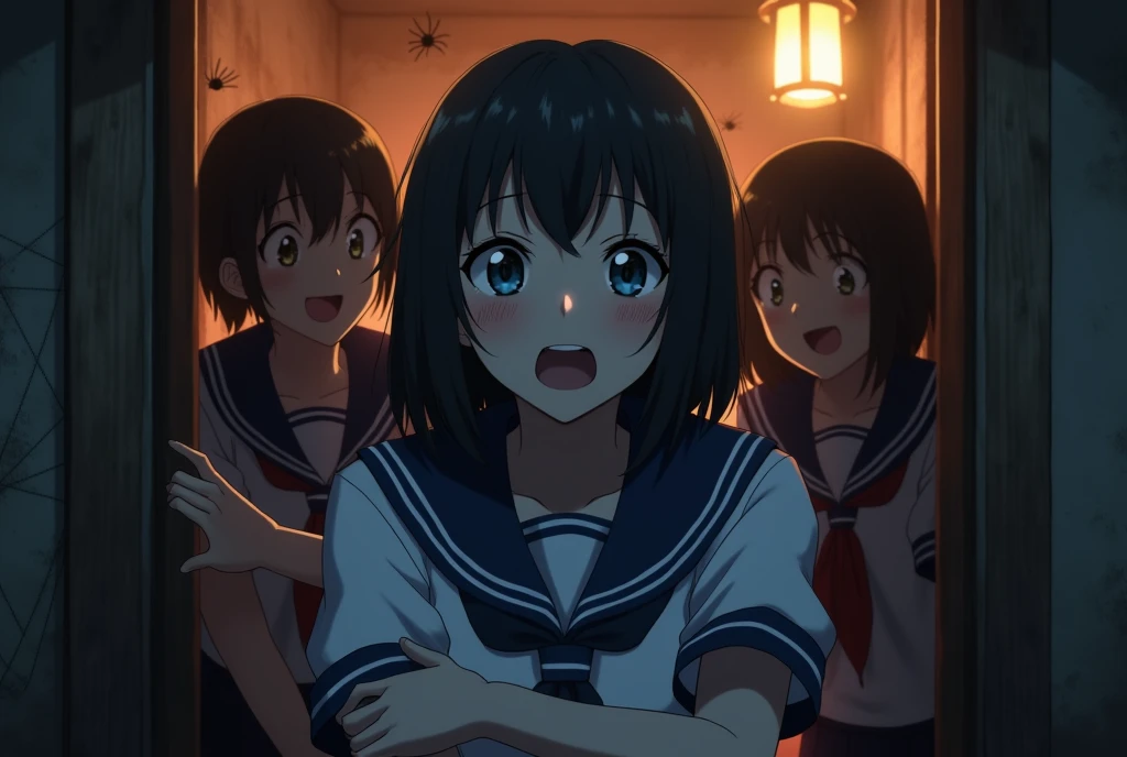 A full-shot photograph capturing a group of (Japanese high school girls:1.3) in (sailor uniforms:1.2) experiencing fear and excitement inside a haunted house after school. The central subject, a (teenage girl:1.3) with (dark, shoulder-length hair and bright, expressive eyes), is clinging to her friend's arm, her face showing a mix of fear and thrill. Break, The (dimly lit environment) of the haunted house casts (eerie shadows:1.4) across the setting, enhancing the atmosphere of spookiness and tension. Break, The girls' sailor uniforms stand out in the low light, their (crisp navy and white colors) contrasting with the (dark, mysterious interior) of the haunted house. Break, Surrounding them are various (haunted house elements:1.2) such as cobwebs, fake spiders, and dimly flickering lanterns that add to the immersive and chilling environment. Break, The composition is (high resolution and sharp), focusing on both the girls’ reactions and the creepy ambiance, capturing the (authentic, spontaneous moments) of shared fright and fun. Break, The overall mood is a blend of (fear and laughter), showcasing the youthful energy and camaraderie of friends facing their fears together in a (uniquely thrilling experience).