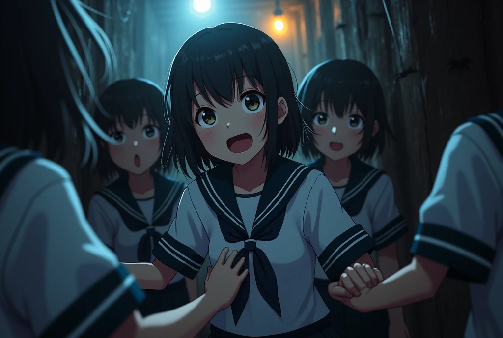 A full-shot photograph capturing a group of (Japanese high school girls:1.3) in (sailor uniforms:1.2) experiencing fear and excitement inside a haunted house after school. The central subject, a (teenage girl:1.3) with (dark, shoulder-length hair and bright, expressive eyes), is clinging to her friend's arm, her face showing a mix of fear and thrill. Break, The (dimly lit environment) of the haunted house casts (eerie shadows:1.4) across the setting, enhancing the atmosphere of spookiness and tension. Break, The girls' sailor uniforms stand out in the low light, their (crisp navy and white colors) contrasting with the (dark, mysterious interior) of the haunted house. Break, Surrounding them are various (haunted house elements:1.2) such as cobwebs, fake spiders, and dimly flickering lanterns that add to the immersive and chilling environment. Break, The composition is (high resolution and sharp), focusing on both the girls’ reactions and the creepy ambiance, capturing the (authentic, spontaneous moments) of shared fright and fun. Break, The overall mood is a blend of (fear and laughter), showcasing the youthful energy and camaraderie of friends facing their fears together in a (uniquely thrilling experience).
