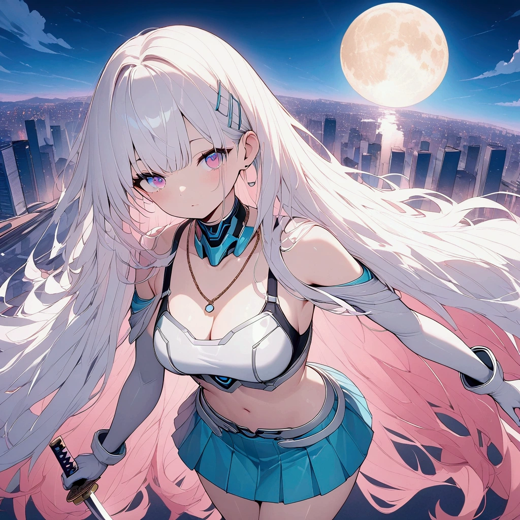 (((anime))) One Woman,Holding a Japanese sword,With a scabbard,Pulling out the sword,Draw your sword,samurai,Long Hair,Fluffy long hair,(White Hair),Oblique bangs,One eye is hidden,necklace,yellowの目,Big eyes, silver cyber suit,Raid Suit,Drop shoulder,mini skirt,yellowのブーツ,Modern city,Neon color,moon,pink,yellow,masterpiece,Highest quality,Exquisite,8k,Absurd,Ultra-fine illustrations,(View your audience)