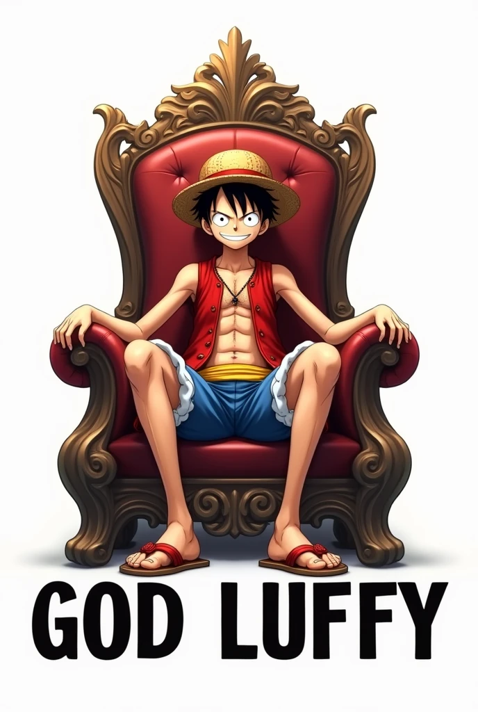 Create a picture of luffy is sitting a King chair background wall is white and text is there "god luffy"