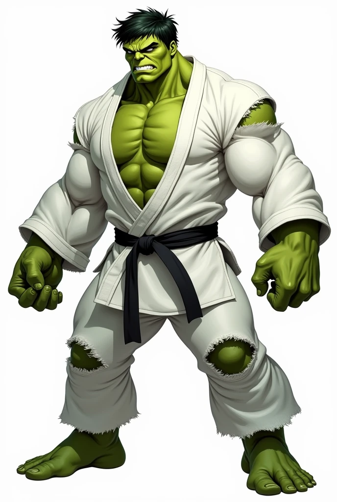 (HULK WITH THE GREEN BODY) (brave face) (WITH A WHITE JiuJitsu KIMONO) (long arm sleeves ) (long pants with rips) (jiujitsu black belt) ( brawny) (fully body) (AVENGERS drawing STYLE) (white background)