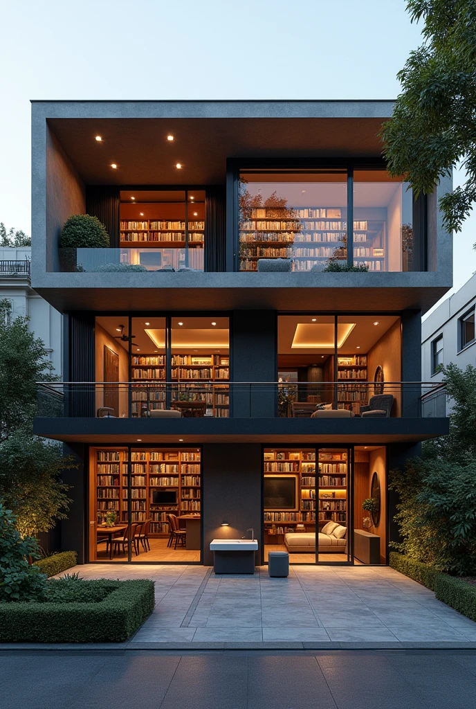 A house, with three bedrooms, a mini cinema room, two bathrooms, a room in the living room, a kitchen room, a laundry room, and a two-story room that is a library 