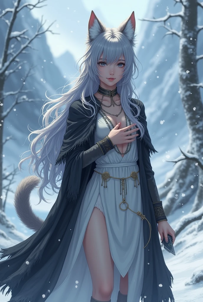 (masterpiece, Highest quality:1.2),One person, Upper Body,tail, large tail, Gray Hair, Very long hair, Wavy Hair, Grey Eyes, detailed eyes, Multicolored Hair, Circlet, Beaded Necklaces, Animal ears, Leopard Ears, Black Cape, White Dress, Hip vents, Pelvic Curtain, Grey knee socks, the snow&#39;s, the snow&#39;s mountains, Blizzard, Volumetric lighting, Scattered beneath the surface, Cinema Lighting, Chiaroscuro, Floating Hair, Place your hand on your chest