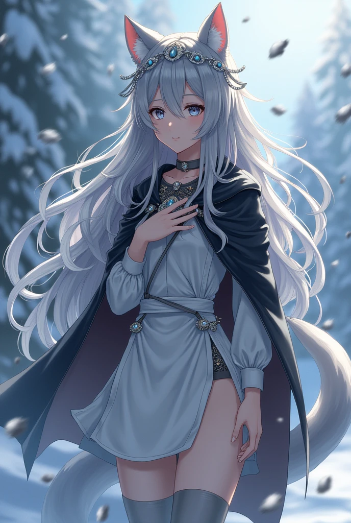 (masterpiece, Highest quality:1.2),One person, Upper Body,tail, large tail, Gray Hair, Very long hair, Wavy Hair, Grey Eyes, detailed eyes, Multicolored Hair, Circlet, Beaded Necklaces, Animal ears, Leopard Ears, Black Cape, White Dress, Hip vents, Pelvic Curtain, Grey knee socks, the snow&#39;s, the snow&#39;s mountains, Blizzard, Volumetric lighting, Scattered beneath the surface, Cinema Lighting, Chiaroscuro, Floating Hair, Place your hand on your chest