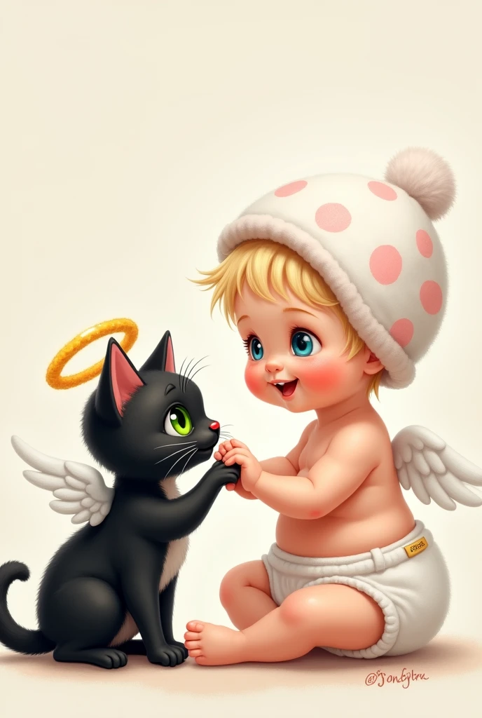 A painting where on the right side there is a happy -monthbaby, hite cap with pink medium dots and an angel earring on top, He is white skinned , She has blonde hair, blue eyes, nose gleaned ,a white diaper looking down.
On the left side a small black cat with an angel ring on her head , with green eyes playing with the girl.