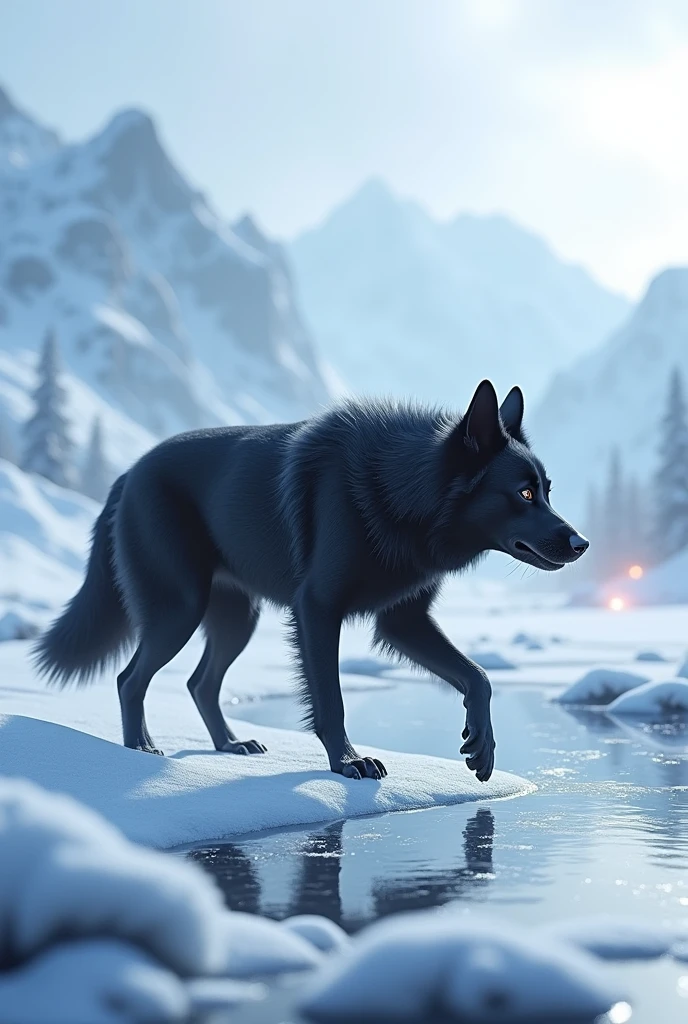 a black dog in a snowy biome while gaming