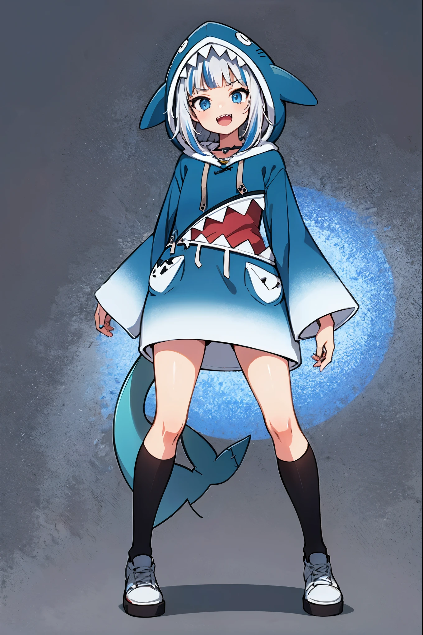 2d, masterpiece, best quality, anime, highly detailed, full body, 1girl, solo, gura_hoodie, blue hoodie, shark hood, standing, :d, sharp teeth, grey background, simple background