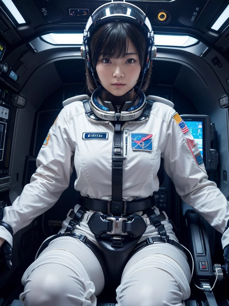 masterpiece, Highest quality, Very detailed, Japanese Android girl, Beautiful 2 Japanese woman, Plump,Slightly thicker,Control panel,Android,cyborg,Blunt bangs,Sitting in the cockpit of a spaceship and piloting it,astronaut,Thick harness belt,Full-face helmet,A hose is connected to his crotch