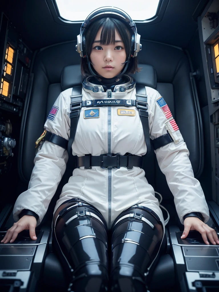 masterpiece, Highest quality, Very detailed, Japanese Android girl, Beautiful 2 Japanese woman, Plump,Slightly thicker,Control panel,Android,cyborg,Blunt bangs,Sitting in the cockpit of a spaceship and piloting it,astronaut,Thick harness belt,Full-face helmet,A hose is connected to his crotch