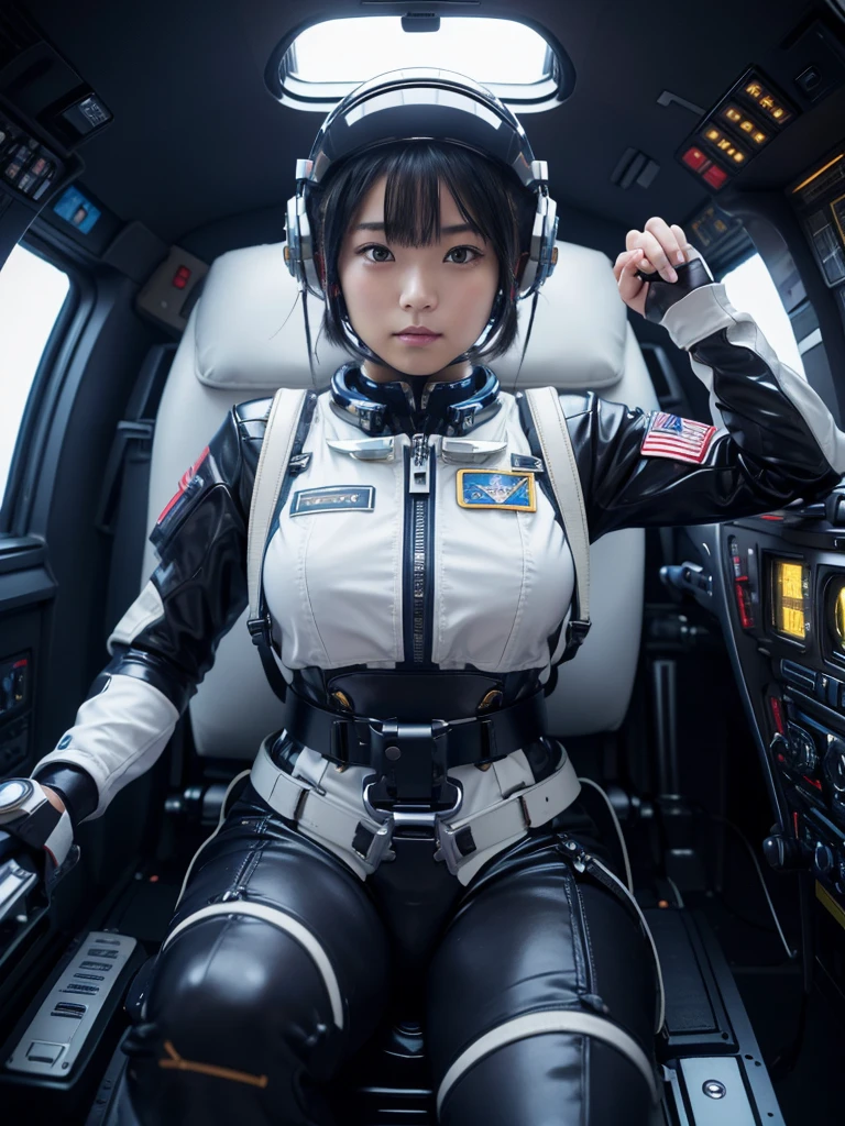 masterpiece, Highest quality, Very detailed, Japanese Android girl, Beautiful 2 Japanese woman, Plump,Slightly thicker,Control panel,Android,cyborg,Blunt bangs,Sitting in the cockpit of a spaceship and piloting it,astronaut,Thick harness belt,Full-face helmet,A hose is connected to his crotch