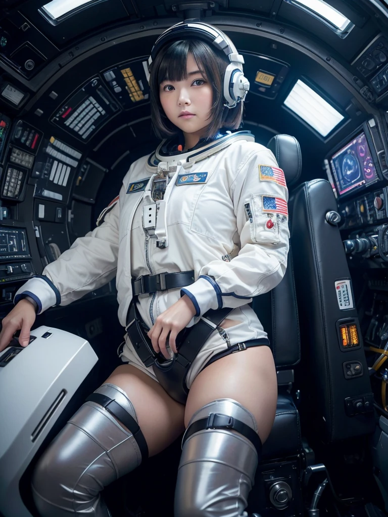 masterpiece, Highest quality, Very detailed, Japanese Android girl, Beautiful 2 Japanese woman, Plump,Slightly thicker,Control panel,Android,cyborg,Blunt bangs,Sitting in the cockpit of a spaceship and piloting it,astronaut,Thick harness belt,Full-face helmet,A hose is connected to his crotch