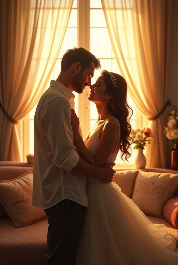 Eternal Love deep filled Wife and husband Golden moment's background, window with sunlight, cozy room, relaxed pose,