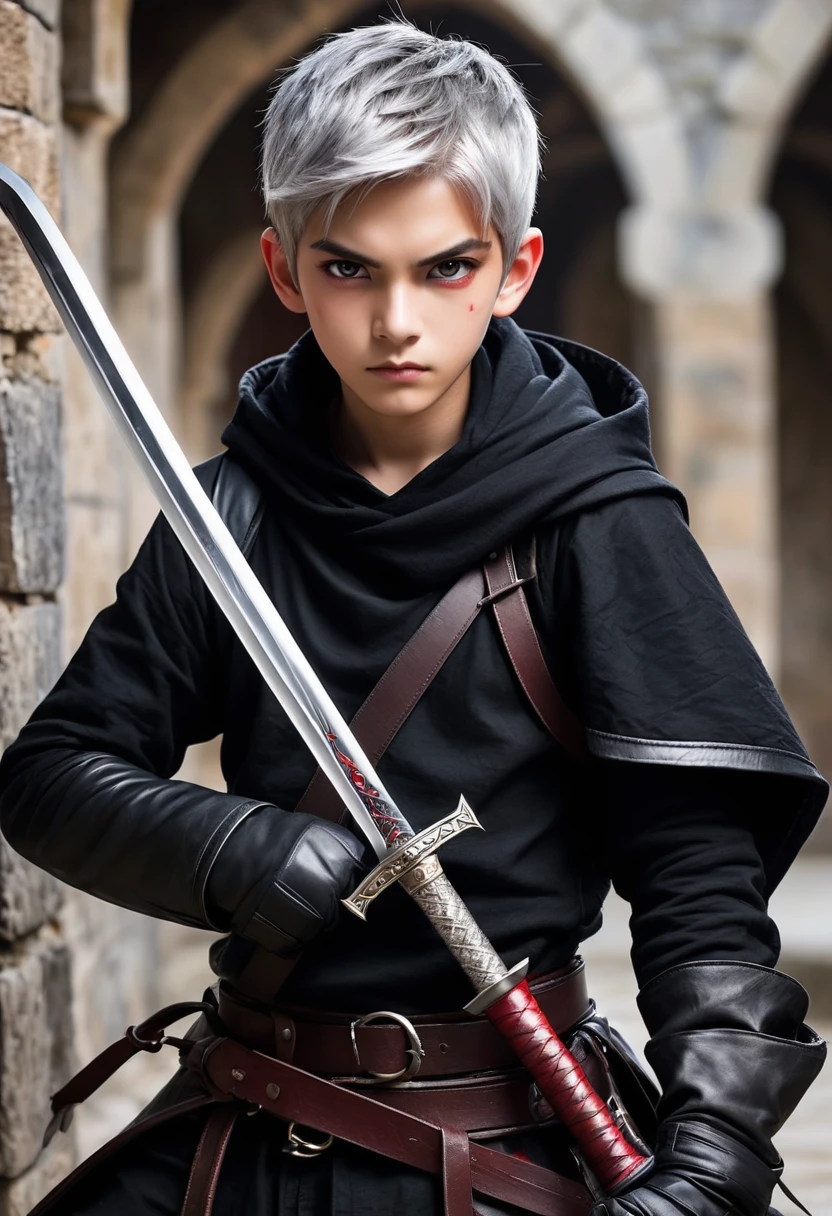 Short grey hair、Red Eyes、A fearless face、Black clothing with leather hood、Wearing gloves、Holding a medieval sword、 boy、One caucasican boy Swordsman、combat style