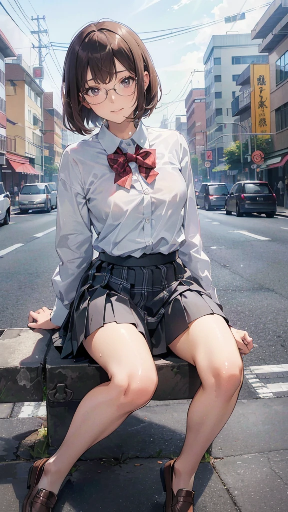 (super flat, flat shading), Honors Type, Really blushing, , high school girl, wearing long sleeve shirt and plaid pleated mini skirt, Short bob cut brown hair, Glasses, sweaty healthy body, mesugaki smile, bare legs, loafers, ultra realistic, early morning, breeze skirt lift, (spread legs:1.0), (having sex pose), in crowded street,