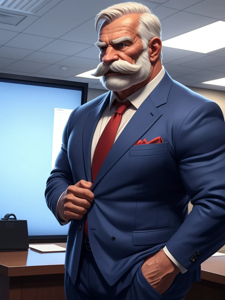 a muscular old man with a thick mustache and beardless, no beards, wearing a suit, necktie, standing in office, (best quality,4k,8k,highres,masterpiece:1.2),ultra-detailed,,detailed wrinkles,detailed facial features,detailed texture, half body, halfbody