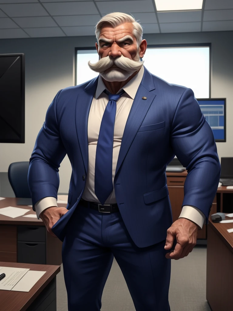 a muscular old man with a thick mustache and beardless, no beards, wearing a suit, necktie, standing in office, (best quality,4k,8k,highres,masterpiece:1.2),ultra-detailed,,detailed wrinkles,detailed facial features,detailed texture, half body, halfbody