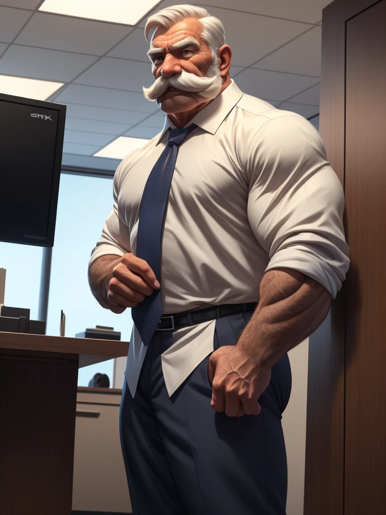 a muscular old man with a thick mustache and beardless, no beards, wearing a suit, necktie, standing in office, (best quality,4k,8k,highres,masterpiece:1.2),ultra-detailed,,detailed wrinkles,detailed facial features,detailed texture, half body, halfbody