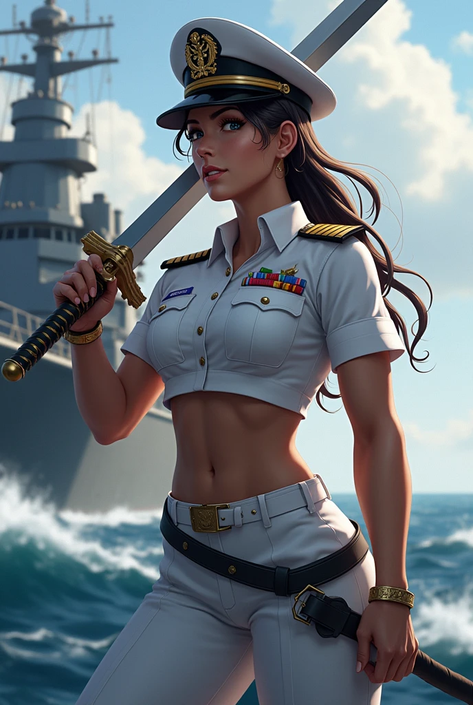 Muscular female admiral with sword
