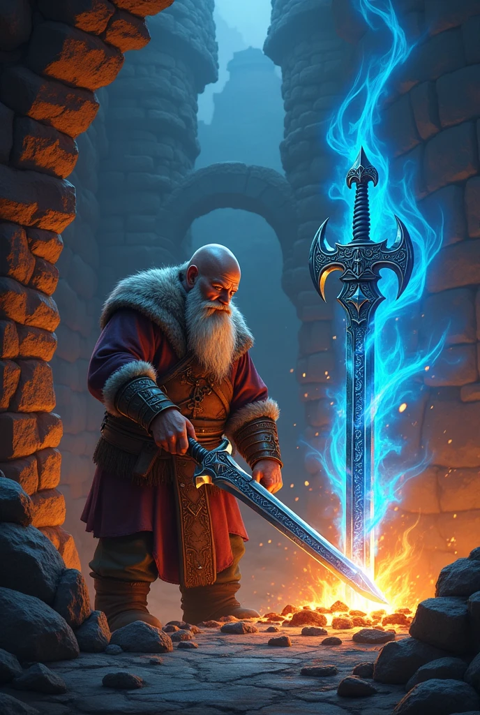The dwarven smiths of Ferrogrim, with their calloused hands and intense focus, create unparalleled weapons of legend—swords that gleam with a blue flame, and axes that whisper ancient runes of power.