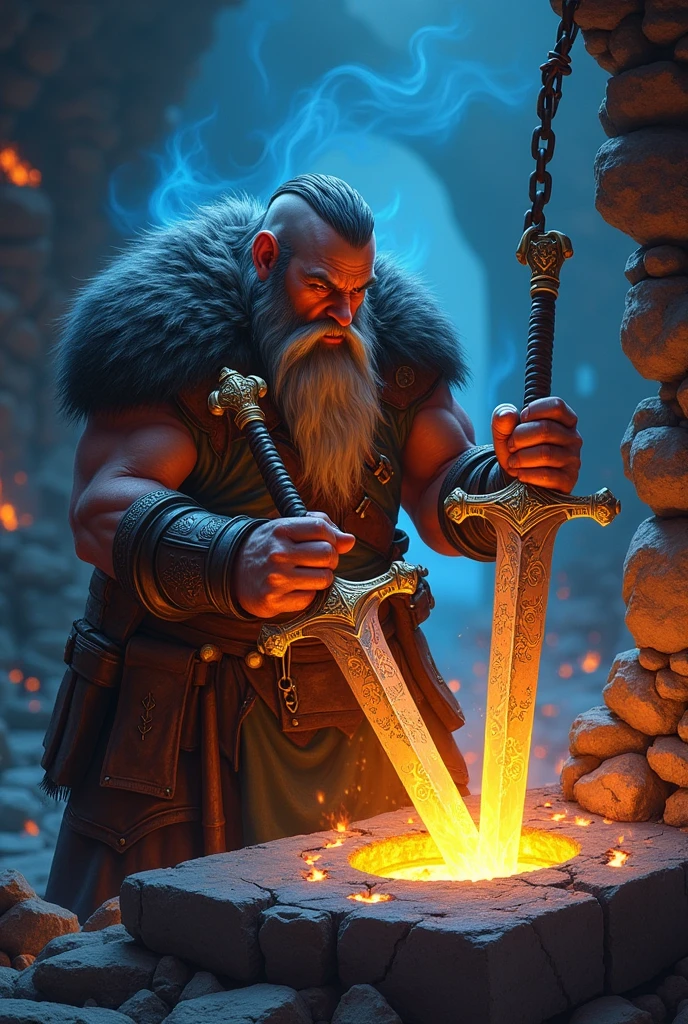 The dwarven smiths of Ferrogrim, with their calloused hands and intense focus, create unparalleled weapons of legend—swords that gleam with a blue flame, and axes that whisper ancient runes of power.