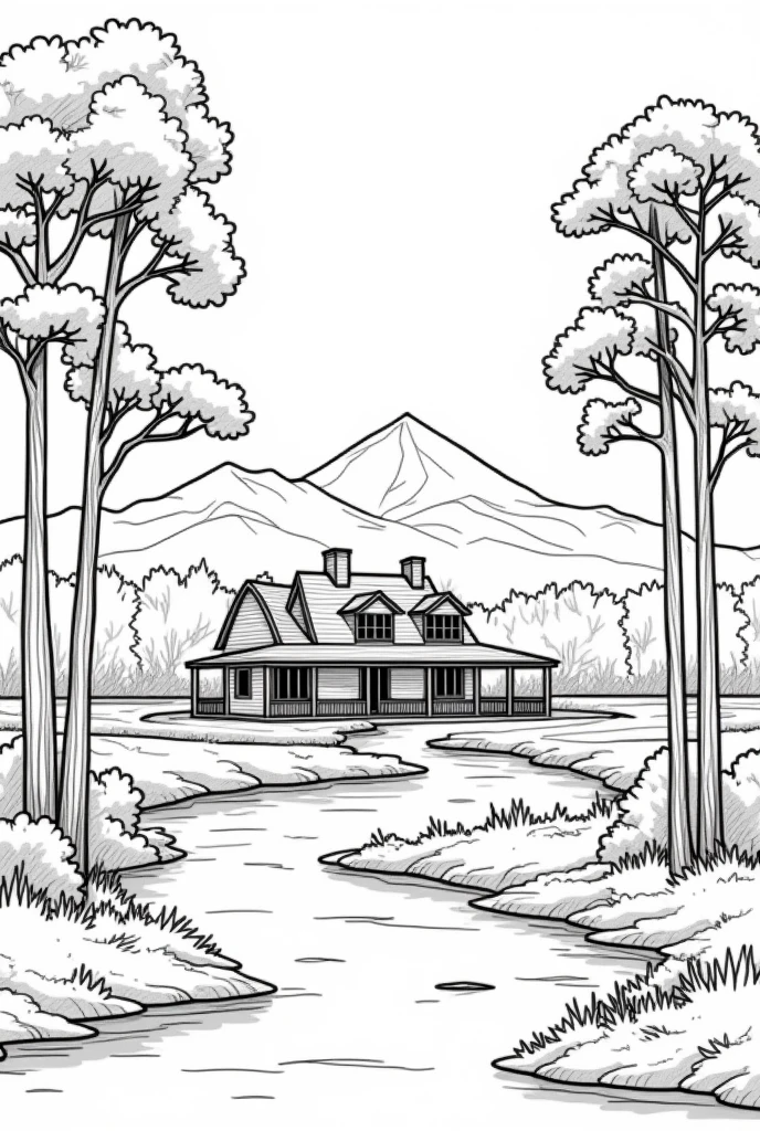 Landscape with a country house, trees, a river, mountains in the background, only outline of the drawing, black and white