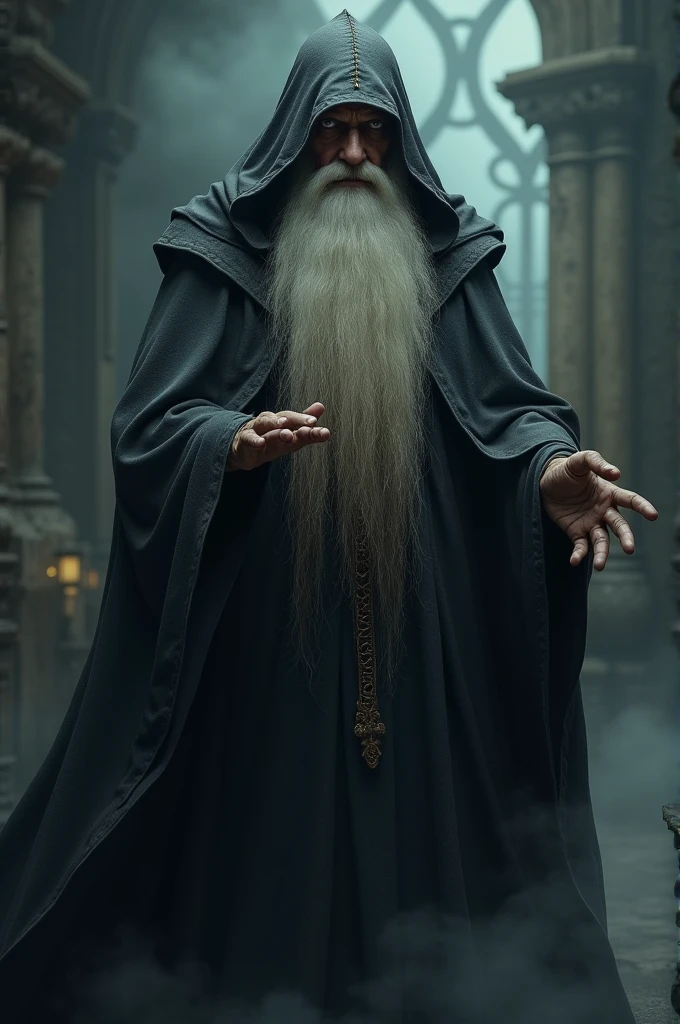 Create a black-clothed wizard with a long white beard 