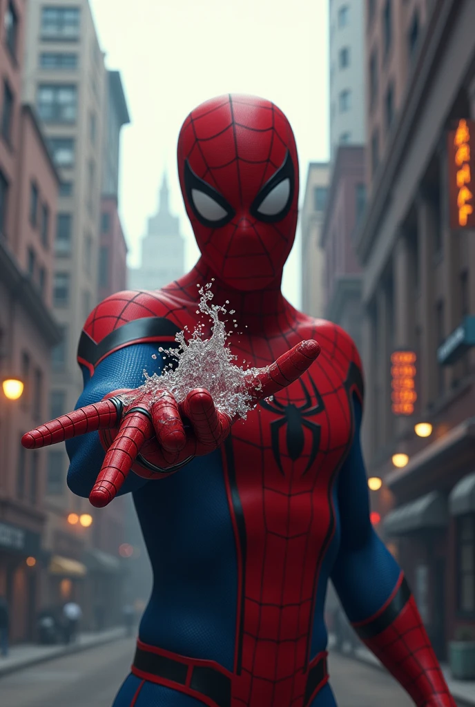 Generate an image of spiderman who shoots his web from his hand when he presses his fingers on the web shooter into the camera lens like realistic movie 
