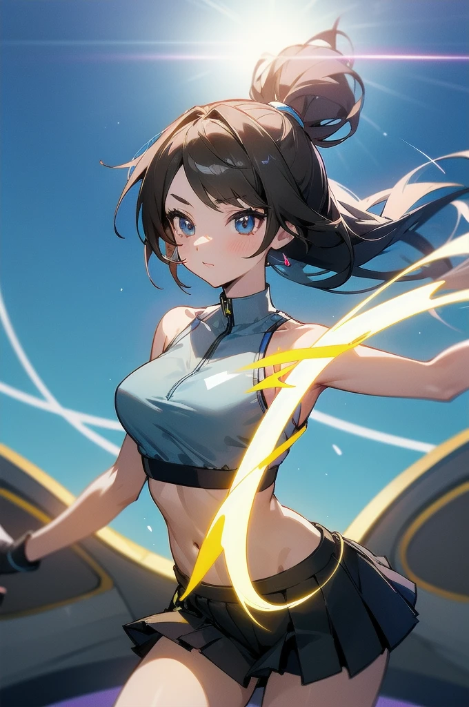(hyper quality), [standing picture, upper body, close-up of girl:0.6], slim body, perfect body, mini skirt, sports bra, gradient background, anime character, (cute girl:1.1), sexy, Tyndall effect