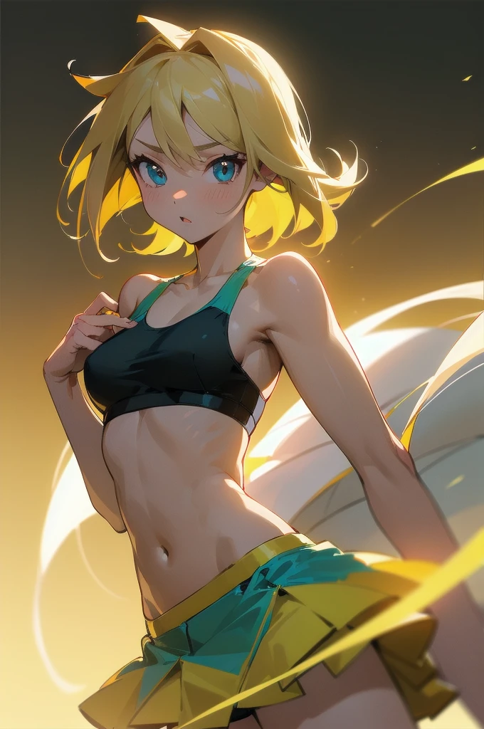(hyper quality), [standing picture, upper body, close-up of girl:0.6], slim body, perfect body, mini skirt, sports bra, gradient background, anime character, (cute girl:1.1), sexy, Tyndall effect