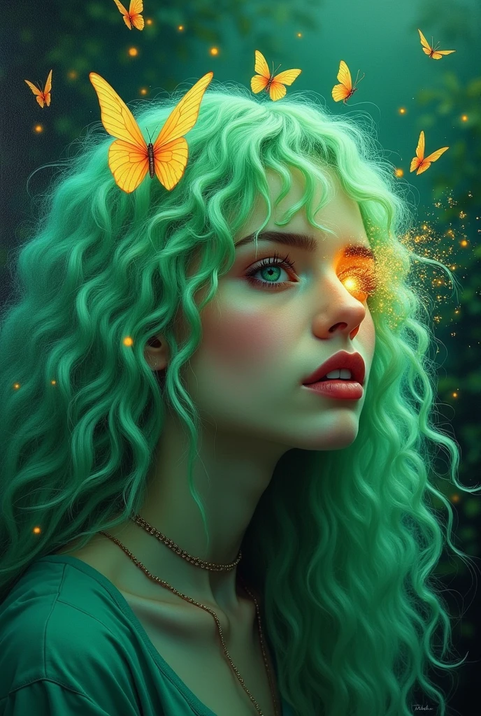 Thick coating，Oil painting texture，Real People，She has long curly light green hair, Messy hair，There is a butterfly on the eye. She was wearing a purple robe，vegetation，Lush，, Fluorescent green color scheme, Soft shadows, close up, Minimalism, Soft colors, Swarms of glowing butterflies，