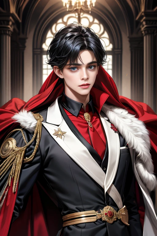 masterpiece, 最high quality, high quality, 1 boy, alone, Male focus, Upper Body,Watching the audience, Messy black hair, Adorable big blue eyes, White, Noble, Noble,A black and red cape that is bursting with sexy volume、Tuxedo、A very voluminous, large, very large, very large, long, long red and black cape with a high stand-up collar, made of a lot of fabric that reaches down to the floor., ,cute beautiful,Cute, cute, kind, handsome guy