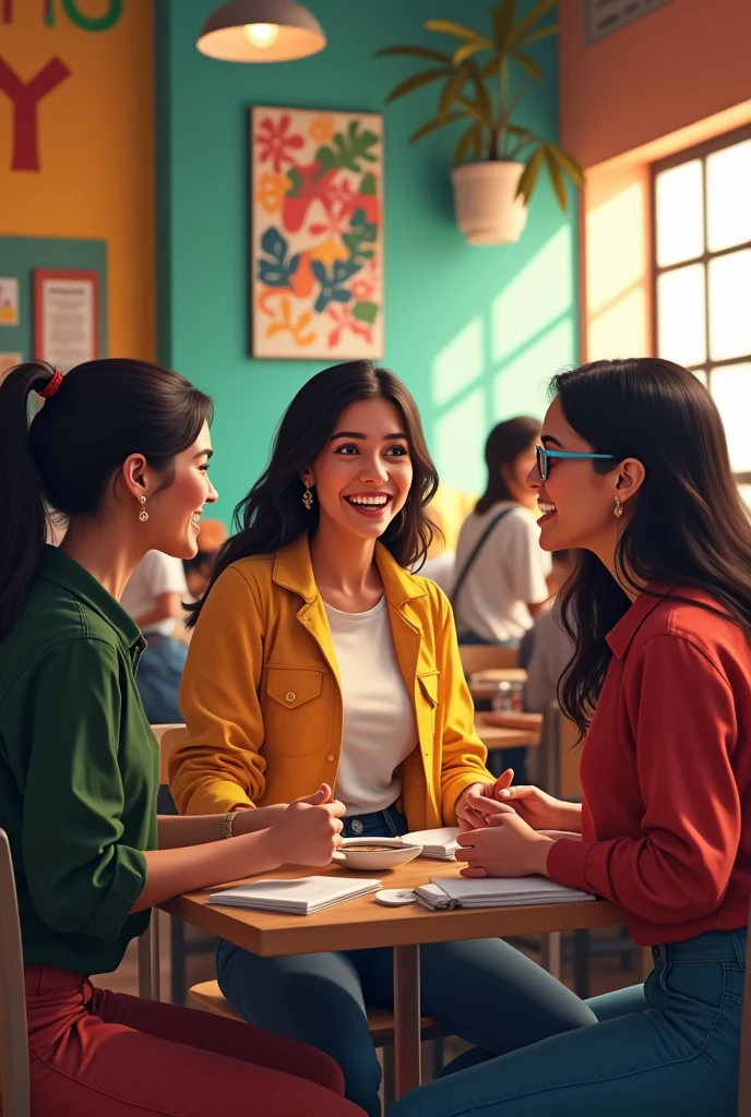 Young Mexican women chatting in their university cafeteria