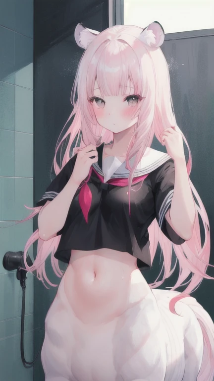 (best quality, masterpiece), 1 girl, centaur, I beg, White skin, Japanese schoolgirl,daughter,black pink, exposing the abdomen, belly button t-shirt , beautiful girl perfect, White tiger photo, Perfect shower picture