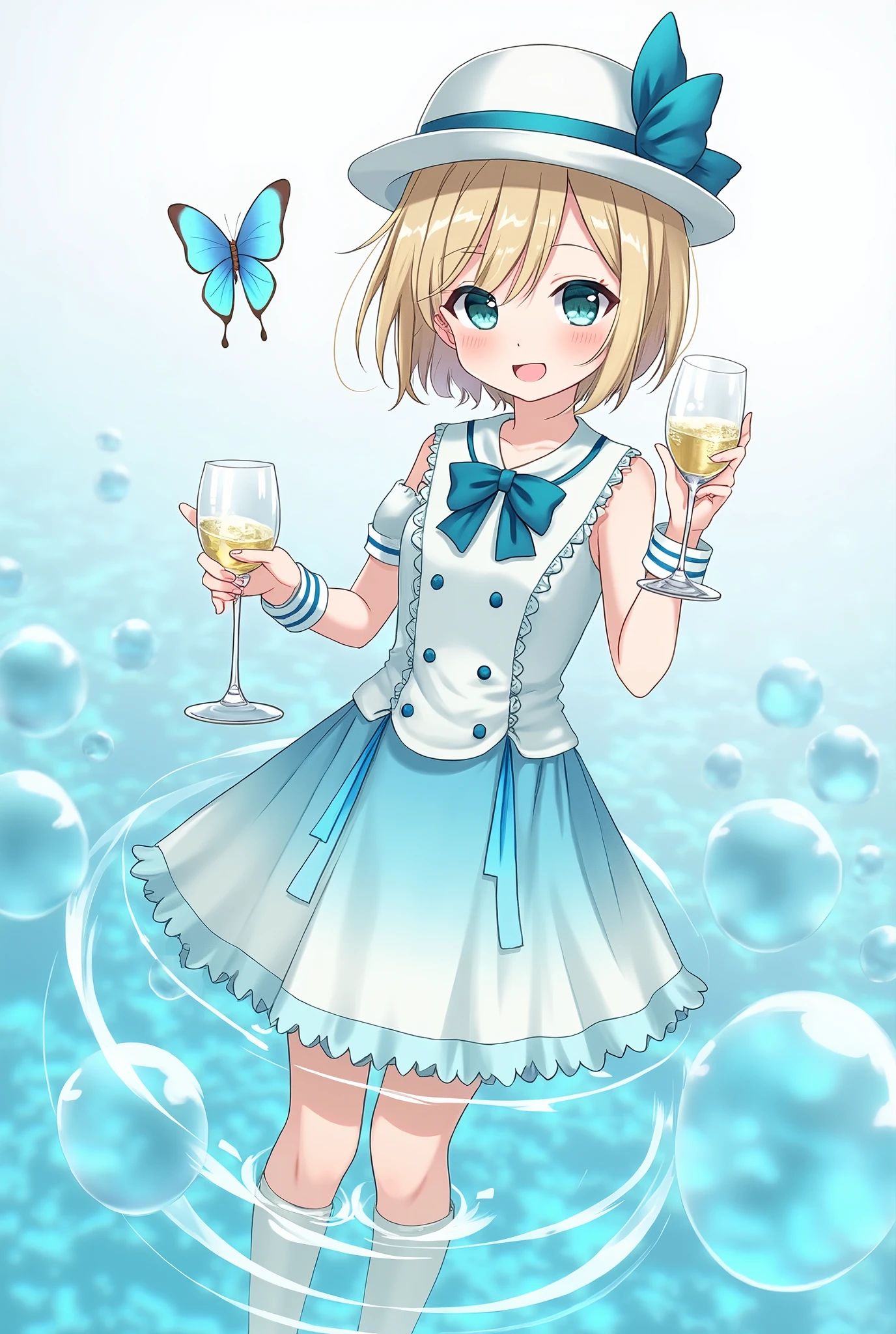 1 girl, transparent water, blue butterfly, saia de gaze pure branch, sparkling wine