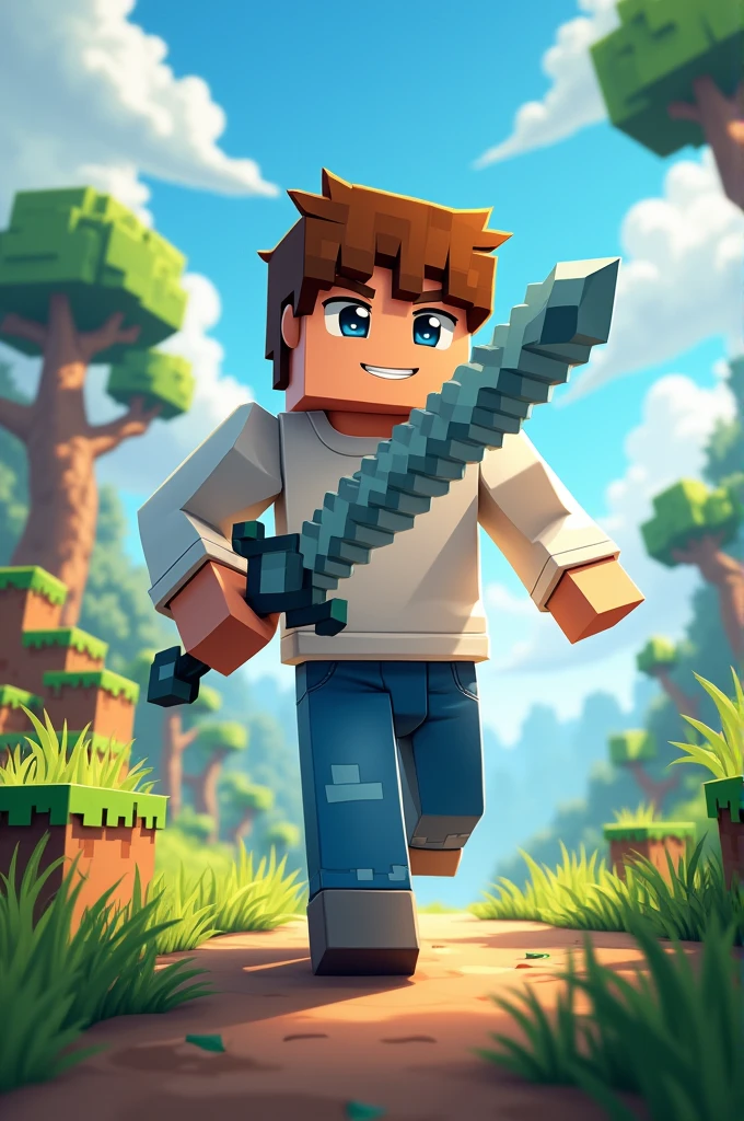 A vibrant character, in Minecraft style, with short brown hair, wearing a white sweatshirt and blue jeans. The character is holding a Minecraft sword and is depicted in an action pose.. The art style is similar to the second image provided, with bright colors, expressive facial features and a dynamic, lively background, featuring elements such as trees, clear skies and a fantasy atmosphere. The character must convey a sense of adventure and excitement, fitting into a colorful world, like a game."


