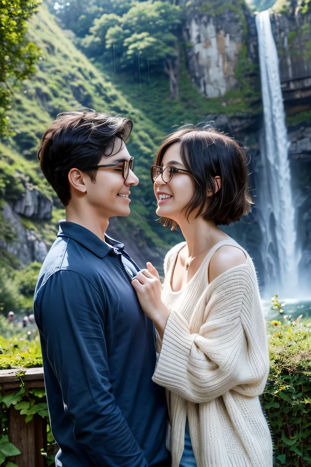 masterpiece, cute, romantic, best quality, 2others, couple, mature, adult, height difference, different fashion, different color, sexy clothes, long sleeves, smile, happy, love, swirling wind, blue sky, short haired man, light brown haired man, black haired woman, long haired woman, bespectacled woman, castle, waterfall  