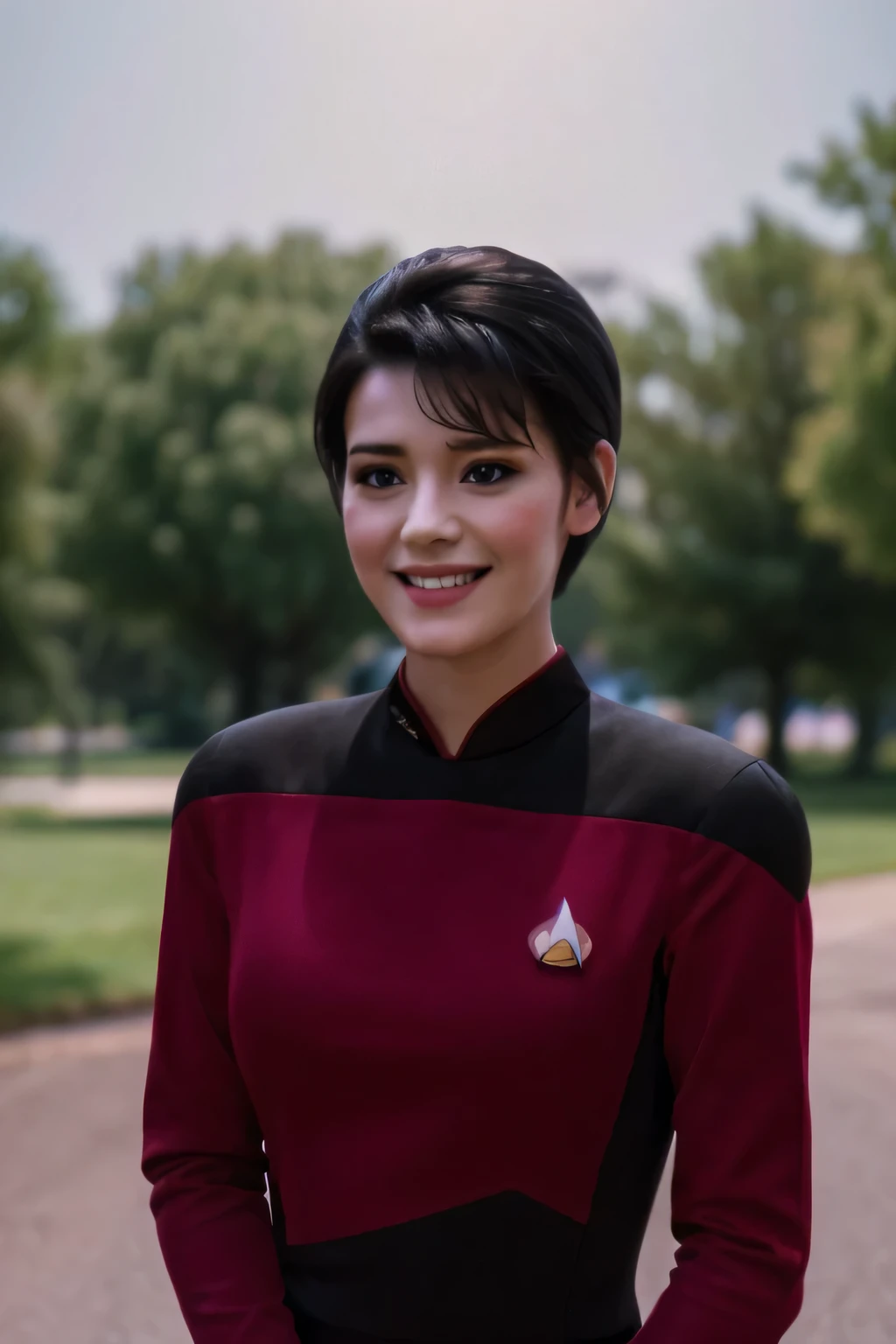 Pretty young woman with short black hair. Smiling. Red TNG uniform. (8K, RAW, Professional, best quality, Masterpiece:1.2), (Realistic, photoRealistic:1.37)