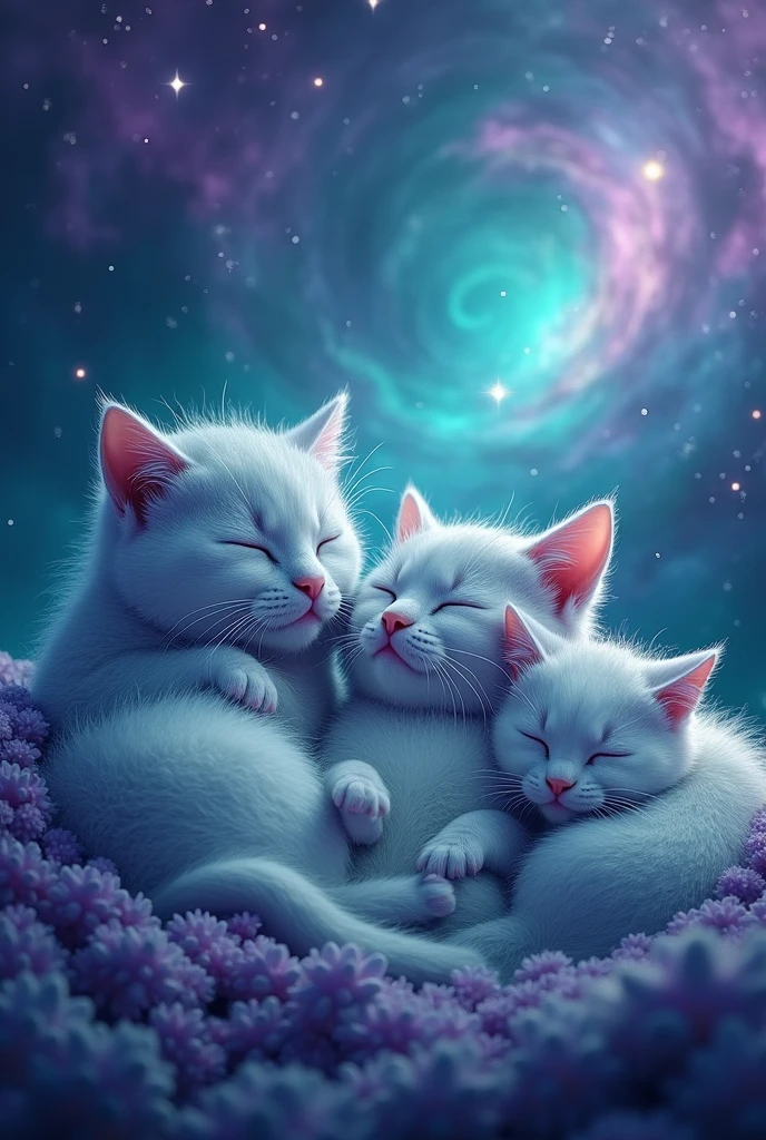 create three cute sleeping cats, three cats sleeping happily, they have turquoise color with purple, they are turquoise and purple, hyper realist,  the background is a turquoise galaxy with purple, expanded background