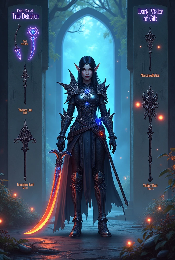 A fantasy-themed digital artwork depicts an intricate character design of an elf-like female warrior standing centrally in full view, fully armored and wielding a large curved sword with a glowing orange blade. The character's armor is dark, ornate, and metallic, featuring symmetrical patterns and glowing blue runes or crystals, especially around the chest, shoulders, gauntlets, and waist. She has pointed ears, long black hair, and a focused expression, adorned with a detailed headpiece and a blue visor covering her right eye. A quiver of arrows is slung over her left shoulder. To the left of the character are detailed engravings and images of various weapons labeled 'Dark Set of Tilo Deterolion,' including a 'Rodacten Lont,' 'Valsh 4.1,' 'Vahn 4.1,' 'Golddart,' and 'Dorconsellection,' each with glowing purple and blue accents. On the right side are weapons labeled 'Dark Vialor of Gilt of Heof Bellon,' showcasing a 'Perfate Intokidation' bow with intricate designs and glowing elements, two glowing orange and dark red orbs, and smaller weapon designs. The background features a mystical forest setting with glowing plants, floating orbs, and a large, ethereal blue portal or archway. The scene is bathed in cool, mystical lighting, creating a high-contrast, dark atmosphere with vibrant accents. The text 'Dark Set of Tilo Deterolion' and 'Dark Vialor of Gilt of Heof Bellon' appear in white gothic font at the top left and right corners respectively, with additional descriptions and names in white serif font throughout the image. Glowing blue crystals adorn the character's chest plate and boots, while the sword emits a glowing orange edge. The overall mood is mysterious and otherworldly, enhanced by the high contrast between the illuminated character and the dark surroundings, with a color palette dominated by cool blues, purples, and blacks.