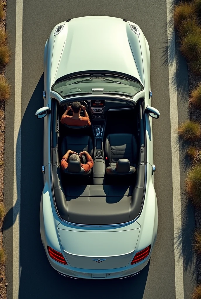 Create an aerial view image taken from a height of at least 5 meters, showing a convertible vehicle on a road. The car is missing its hood, revealing an empty engine compartment with no motor inside. Inside the vehicle, the driver is clearly visible. The overall scene should focus on the car and driver, with enough detail to show that the engine bay is completely empty. Ensure the surrounding environment and shadows are appropriate for the aerial perspective.