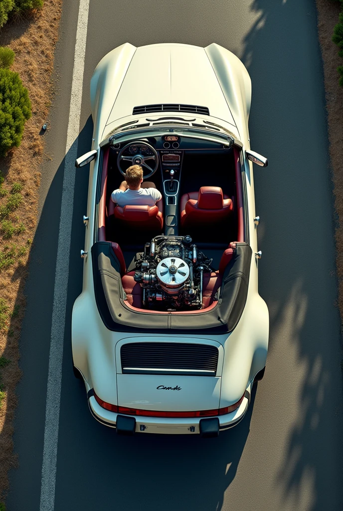 Create an aerial view image taken from a height of at least 5 meters, showing a convertible vehicle on a road. The car is missing its hood, revealing an empty engine compartment with no motor inside. Inside the vehicle, the driver is clearly visible. The overall scene should focus on the car and driver, with enough detail to show that the engine bay is completely empty. Ensure the surrounding environment and shadows are appropriate for the aerial perspective.