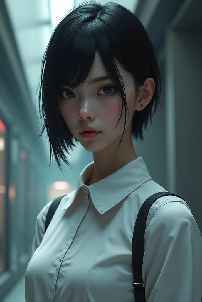 Jeux cover Detroit become human une personnage fille north avec une chemise toute blanche avec des gros sein