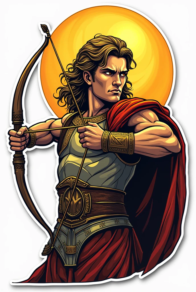 God Apollo wearing an armour and firing a bow and arrow. Make his face a little fierce and facing in front. Make it sticker-like with bold outline. It should be accurate as a logo. Don't put a background. He should be facing in front and make it brighter with touch of yellow. He should ba handsome also. Make it half body. Don't make cuts of other parts. It should be a full image. Make him look more god-like. Make it simple and comic style.