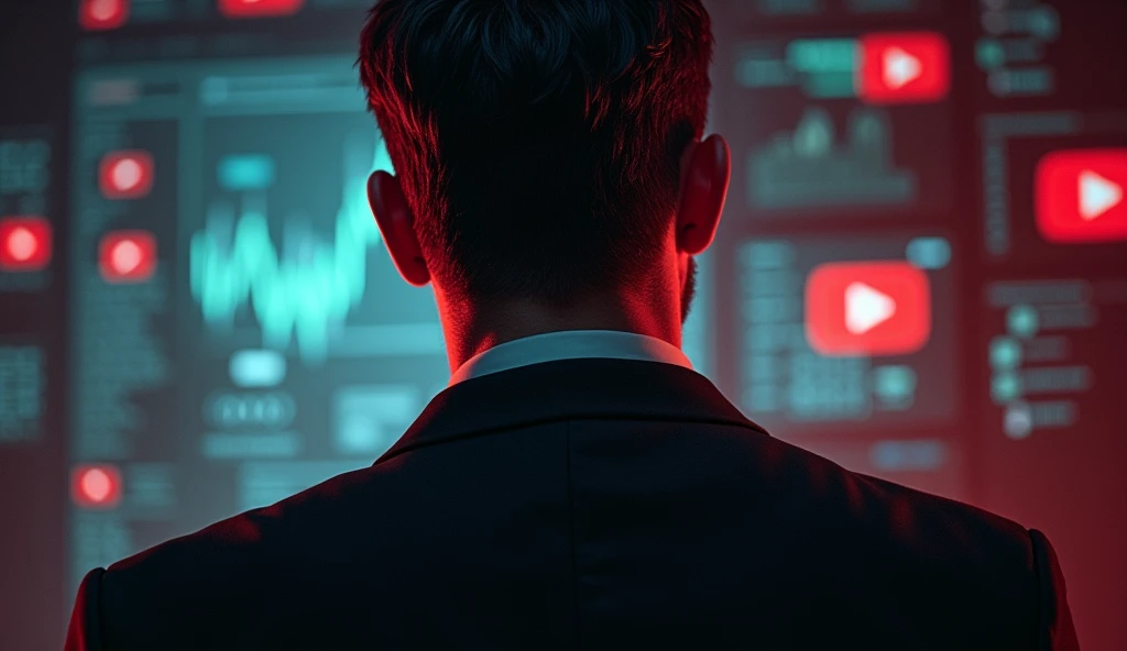 A charismatic man stands before a glowing screen, his eyes gleaming with calculated intent. He masterfully manipulates YouTube's algorithms, crafting content that draws in millions, not just with entertainment, but with a subtle power that dominates the minds of his audience. His voice, smooth yet commanding, weaves narratives that play on emotions, driving viewers deeper into his world. The numbers rise, the influence grows, and behind every click lies a grander scheme—a silent domination of the digital space. Shadows flicker across his face as he plans his next move, knowing each decision pulls the strings of an audience he's trained to follow his lead.