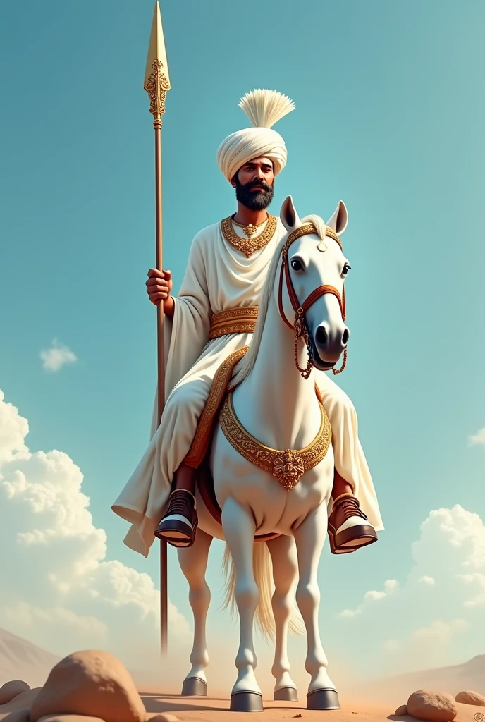 Create an image of Tejaji Maharaj with a traditional and decorative Rajasthani turban on his head. He should have a shining spear in his hand which is shiny and impressive. Tejaji Maharaj is wearing white clothes, which shows his royal dignity. They have white, shiny shoes on their feet. He should ride on a white horse, which shows his bravery and valor.He has only mustaches on his face, which shows his strength and courage. The background should have a blue sky, giving the picture an open and spacious perspective.