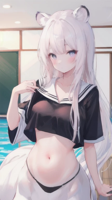 (best quality, masterpiece), 1 girl, centaur, I beg, White skin, Japanese schoolgirl,daughter,black pink, exposing the abdomen, belly button t-shirt , beautiful girl perfect, White tiger photo, Perfect swimsuit pictures